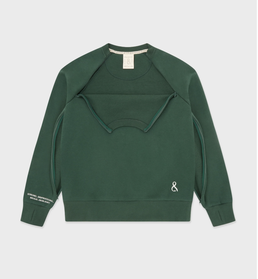 Forest Green Crew neck sweater with zip opening for Chest & Arm Access